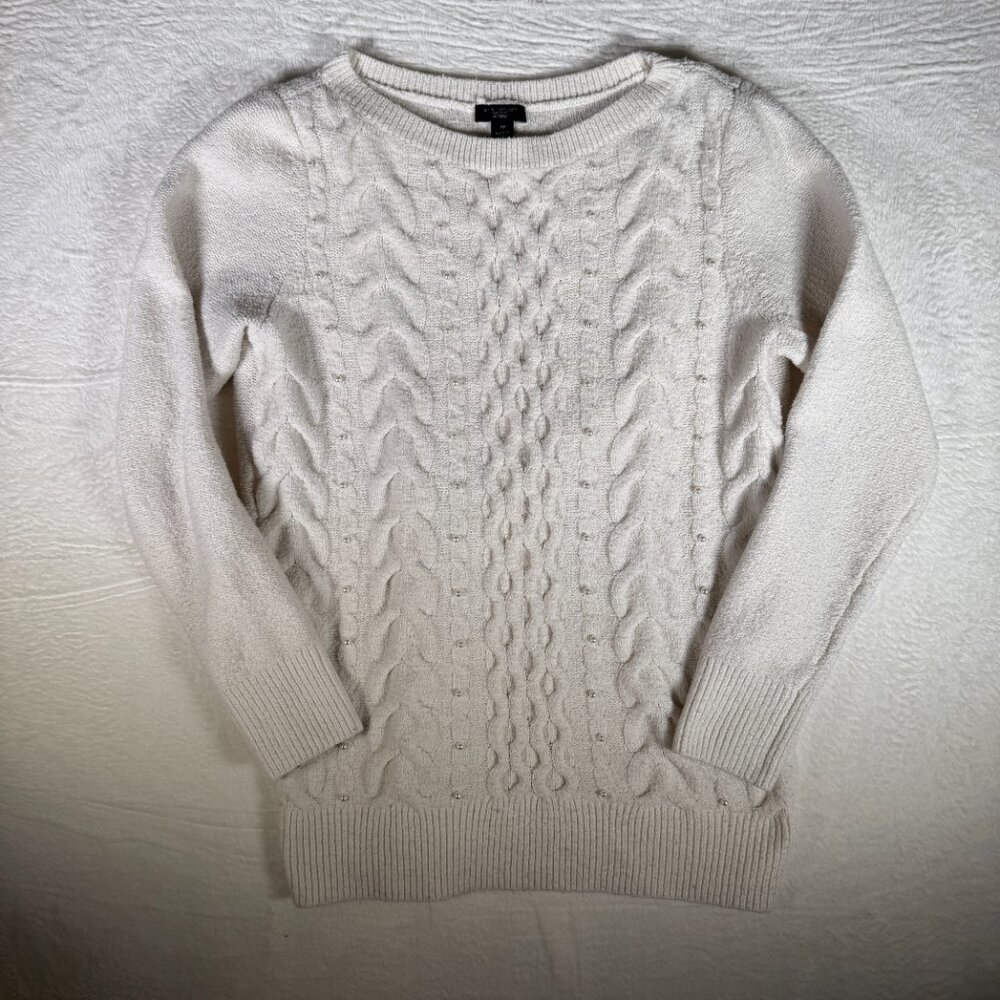 Ann Taylor Cream Sweater Pearl Cable Knit Petite Medium‎